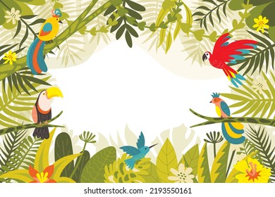 flat jungle background with exotic birds