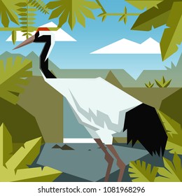 Flat jungle background with Red-crowned Crane