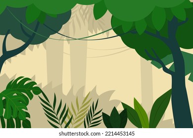 Flat jungle cartoon backgound design. with different types of trees and plants. Wildlife panoramic view vector illustration