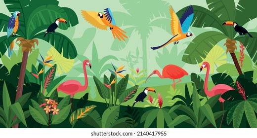 Flat jungle composition birds fly in dense jungle pink flamingos and large parrots vector illustration - Shutterstock ID 2140417955