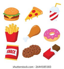 Flat Junk Food Icon Set – Burger, Pizza, Donut, Fries, Snack, Cookie and Soft Drink Illustration