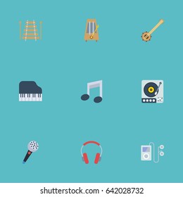 Flat Karaoke, Octave Keyboard, Banjo And Other Vector Elements. Set Of Audio Flat Symbols Also Includes Headphones, Rhythm, Player Objects.