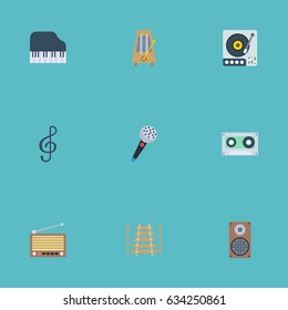Flat Karaoke, Octave Keyboard, Quaver And Other Vector Elements. Set Of Studio Flat Symbols Also Includes Clef, Speaker, Keys Objects.