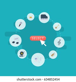 Flat Karaoke, Turntable, Octave Keyboard And Other Vector Elements. Set Of Melody Flat Symbols Also Includes Turntable, Quaver, Clef Objects.