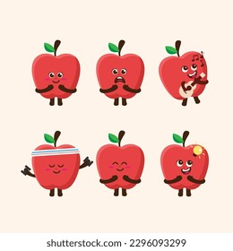 Juego de ilustraciones de caracteres de pantalla plana Kawaii Cute Apple Mascot