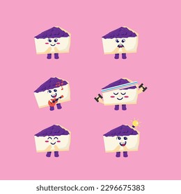 Flat Kawaii Cute Blueberry Cheesecake Mascot Character Illustration Set