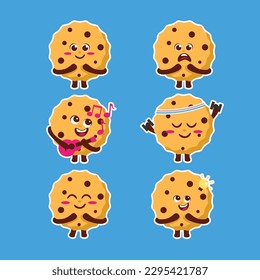 Flat Kawaii Cute Chocolate Chip Cookies Mascot Character Set Collection