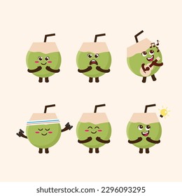 Flat Kawaii Cute Coconut Mascot Character Illustration Set