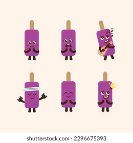 Flat Kawaii Cute Grape Popslice Mascot Character Illustration Set