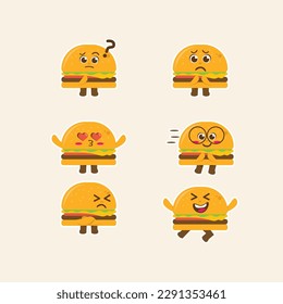 Flat Kawaii Cute Hamburger Mascot Character Expression Set