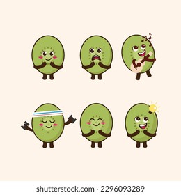 Flat Kawaii Cute Kiwi Mascot Character Illustration Set