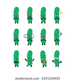 Flat Kawaii Cute Pickle Mascot Character Expression Set