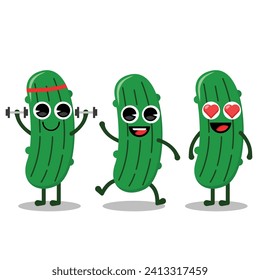 Flat Kawaii Cute Pickle Mascot Character Expression Set. Flache Vektorgrafik.