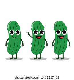 Flat Kawaii Cute Pickle Mascot Character Expression Set