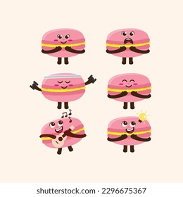Juego de ilustraciones de caracteres de mascota de macarro rosa plano Kawaii Cute
