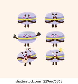 Juego de ilustraciones de caracteres de mascota de color morado kawaii plano