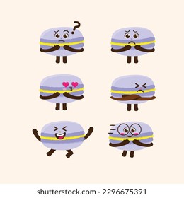 Flat Kawaii Cute Purple Macaroon Mascot Character Illustration Set