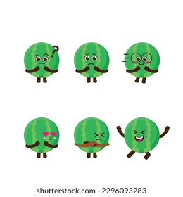 Flat Kawaii Cute Watermelon Mascot Character Illustration Set