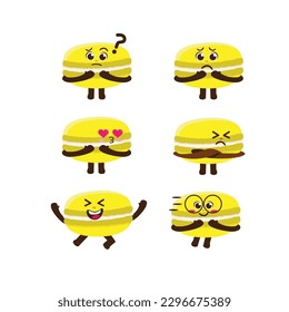 Flat Kawaii Cute Yellow Macaroon Mascot Character Illustration Set
