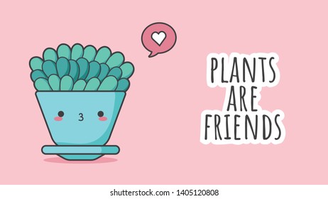 Flat kawaii illustration of cute cartoon cactus and succulent with funny kawaii face in pot and with plant. can be used for cards, invitations or sticker. Plants are friends, cute cacti print