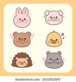 A flat and kawaii illustration set of cute animal faces including a bunny, pig, bear, duck, hedgehog, and hippopotamus. Perfect for kids’ products, nursery decorations, stickers, and children’s educat