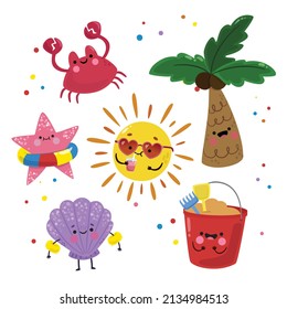 Flat kawaii summer elements collection set vector