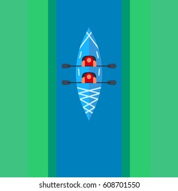 Flat kayak design with people sailing along the river