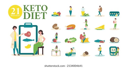 El conjunto de composición de color verde plano con dietista muestra los productos de menú preparados por el paciente permitidos en la ilustración vectorial de dieta