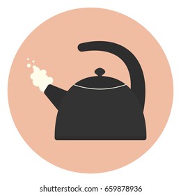 Flat kettle with steam icon, monochrome kitchen appliance, hot teapot symbol