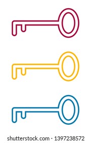 Flat key icon for apps, public places and web sites. Vector illustration. Contour key silhouette. Color set