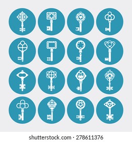 Flat key silhouettes in retro style in the form of icons 