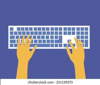 flat keyboard and hand. typing on keyboard. vector illustration