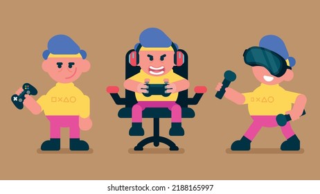 Flat kid playing video games, wear VR glasses, gamer boy avatar with headphone sitting on gaming chair and streaming, Flat avatar vector illustration.
