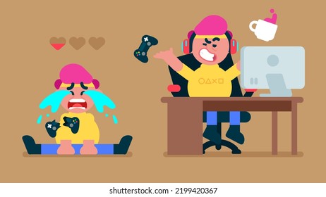 Flat kid playing video games, Crying because he lost the game and lost all life hearts, gamer boy avatar with headphone sitting on gaming chair and streaming, Flat avatar vector illustration.	