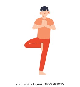Flaches Kind, das Yoga-Symbol auf weißem Hintergrund praktiziert Vektorgrafik
