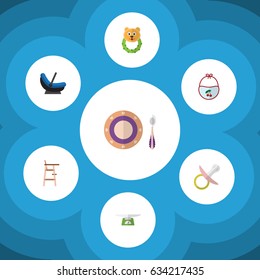 Flat Kid Set Of Baby Plate, Pram, Rattle And Other Vector Objects. Also Includes Chair, Nipple, Dish Elements.