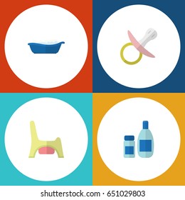 Flat Kid Set Of Bathtub, Cream With Lotion, Toilet And Other Vector Objects. Also Includes Potty, Child, Nipple Elements.