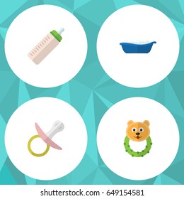 Flat Kid Set Of Bathtub, Nipple, Feeder And Other Vector Objects. Also Includes Feeder, Children, Baby Elements.
