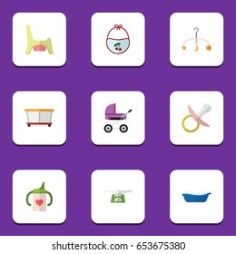Flat Kid Set Of Bathtub, Nursing Bottle, Children Scales And Other Vector Objects. Also Includes Bottle, Pram, Nipple Elements.