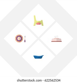 Flat Kid Set Of Bathtub, Tissue, Toilet And Other Vector Objects. Also Includes Bathtub, Dish, Bathing Elements.