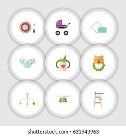 Flat Kid Set Of Child Chair, Mobile, Rattle And Other Vector Objects. Also Includes Children, Nappy, Rattle Elements.