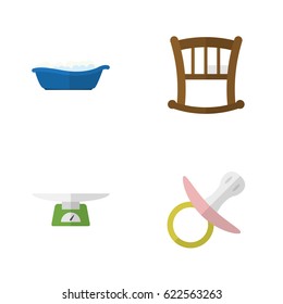Flat Kid Set Of Children Scales, Bathtub, Nipple And Other Vector Objects. Also Includes Children, Cot, Infant Elements.