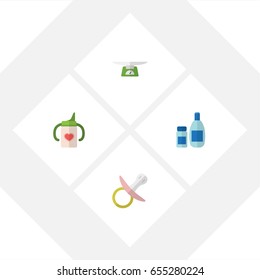 Flat Kid Set Of Children Scales, Nipple, Cream With Lotion And Other Vector Objects. Also Includes Weighing, Pacifier, Scales Elements.