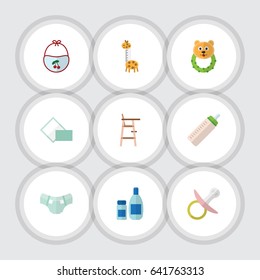 Flat Kid Set Of Cream With Lotion, Toy, Rattle And Other Vector Objects. Also Includes Bottle, Diaper, Pacifier Elements.