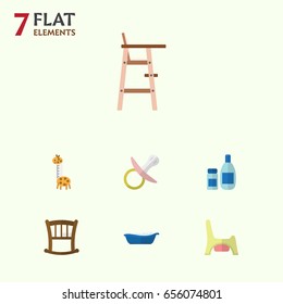 Flat Kid Set Of Cream With Lotion, Toilet, Toy And Other Vector Objects. Also Includes Cream, Cot, Pacifier Elements.