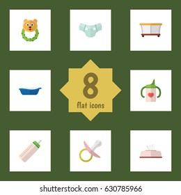 Flat Kid Set Of Feeder, Nipple, Bathtub And Other Vector Objects. Also Includes Pampers, Pacifier, Baby Elements.