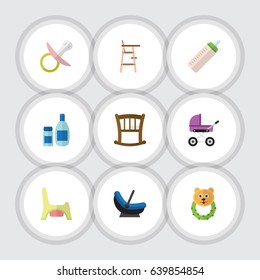 Flat Kid Set Of Feeder, Nipple, Toilet And Other Vector Objects. Also Includes Infant, Baby, Pram Elements.