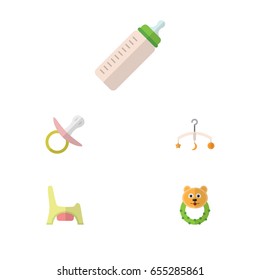 Flat Kid Set Of Feeder, Nipple, Rattle And Other Vector Objects. Also Includes Crib, Potty, Baby Elements.
