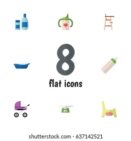 Flat Kid Set Of Feeder, Toilet, Bathtub And Other Vector Objects. Also Includes Pram, Potty, Bathtub Elements.