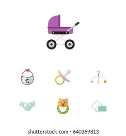 Flat Kid Set Of Mobile, Napkin, Stroller And Other Vector Objects. Also Includes Nappy, Pram, Pinny Elements.